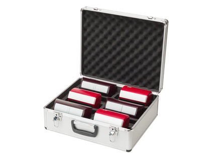 Open DGT aluminum 10 clock carrying case loaded with six digital chess clocks.