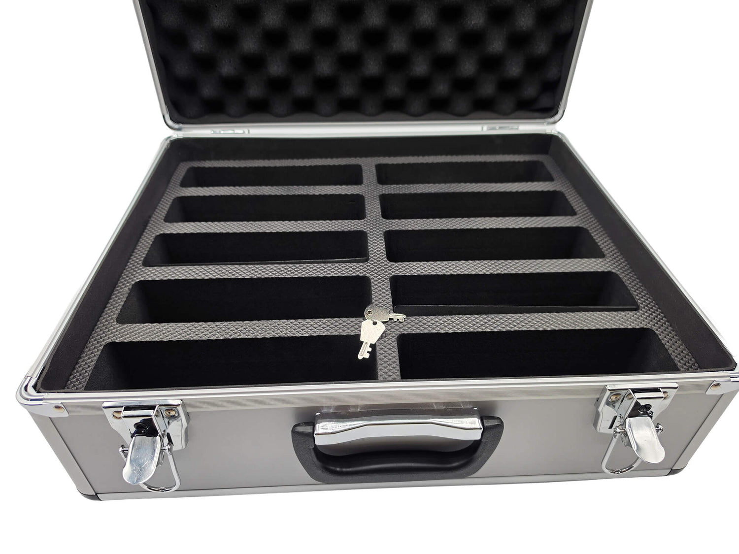 Angle view of the open DGT aluminum chess clock case featuring egg-crate foam lid padding, slots and keys.