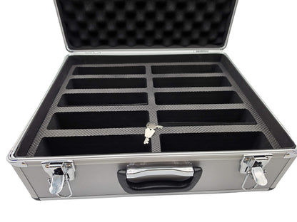 Angle view of the open DGT aluminum chess clock case featuring egg-crate foam lid padding, slots and keys.