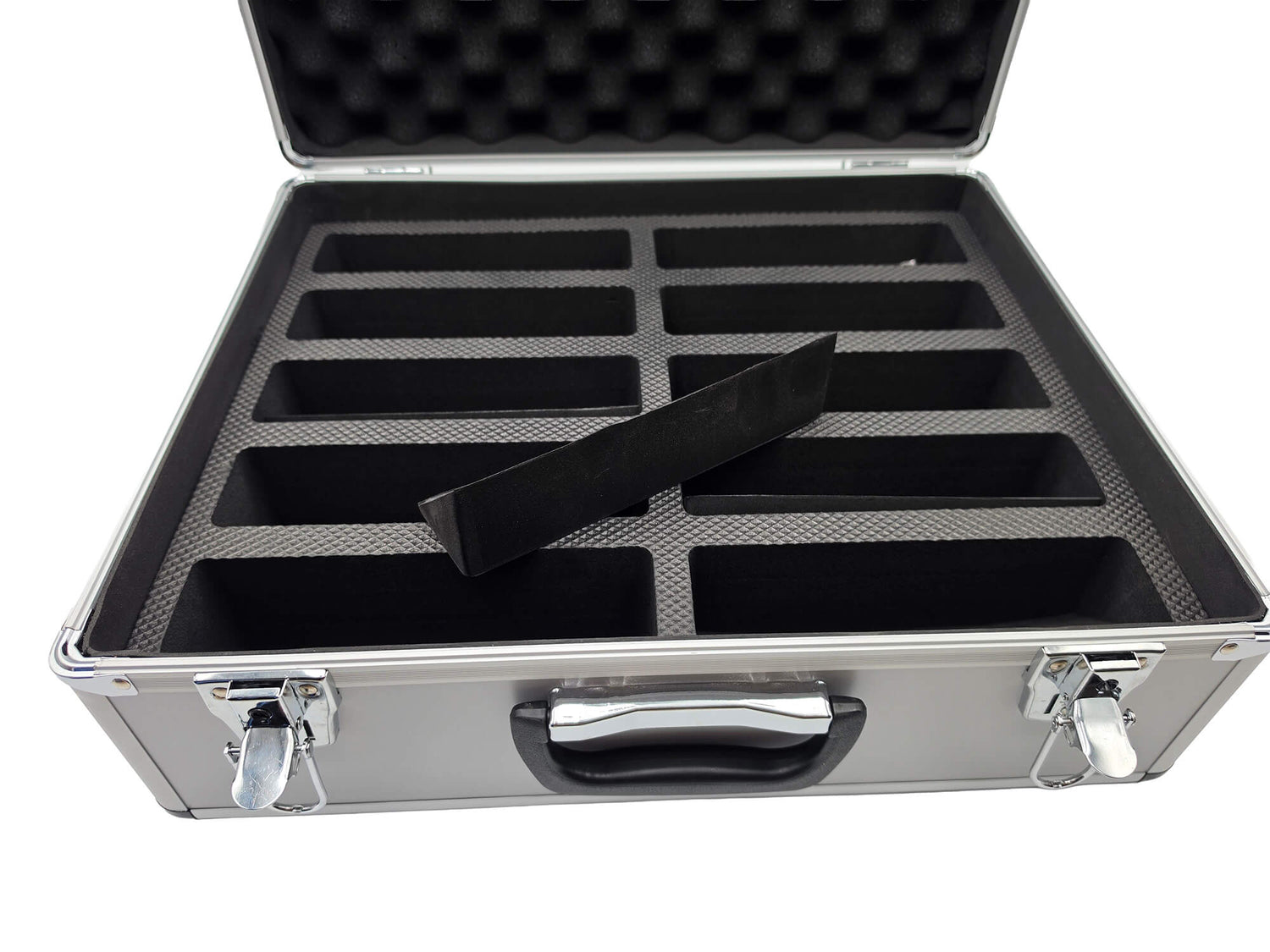 Open DGT aluminum carrying case showing foam padded interior compartments designed for 10 chess clocks and one foam wedge removed.