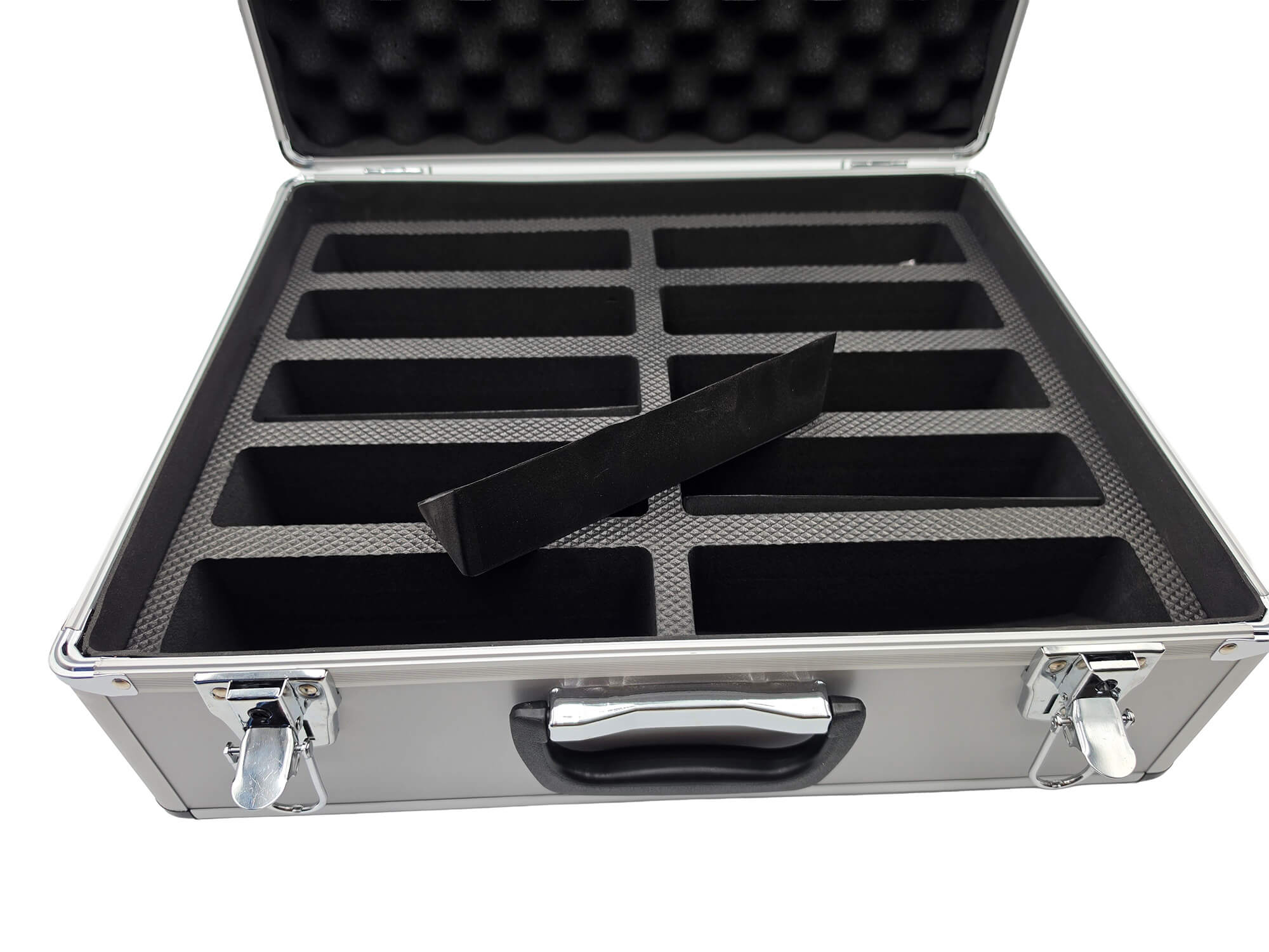 Open DGT aluminum carrying case showing foam padded interior compartments designed for 10 chess clocks and one foam wedge removed.
