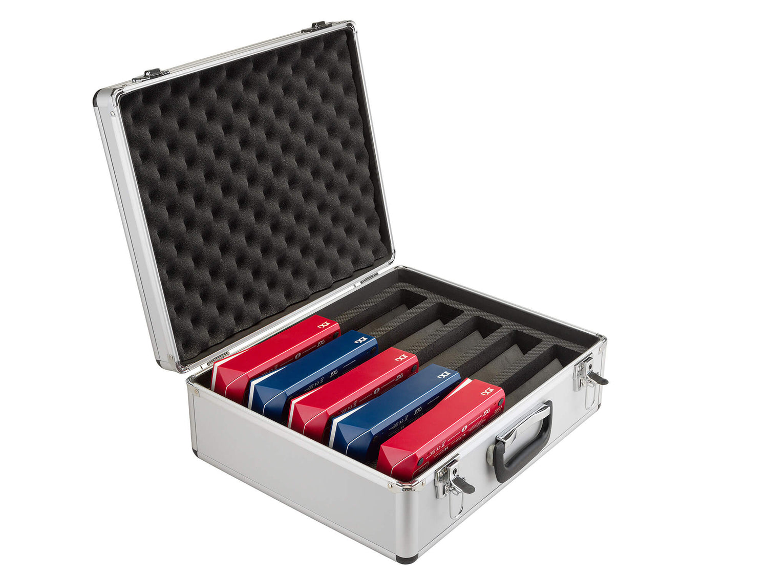 Open DGT aluminum storage case half filled with five red and blue DGT digital chess clocks in padded slots.
