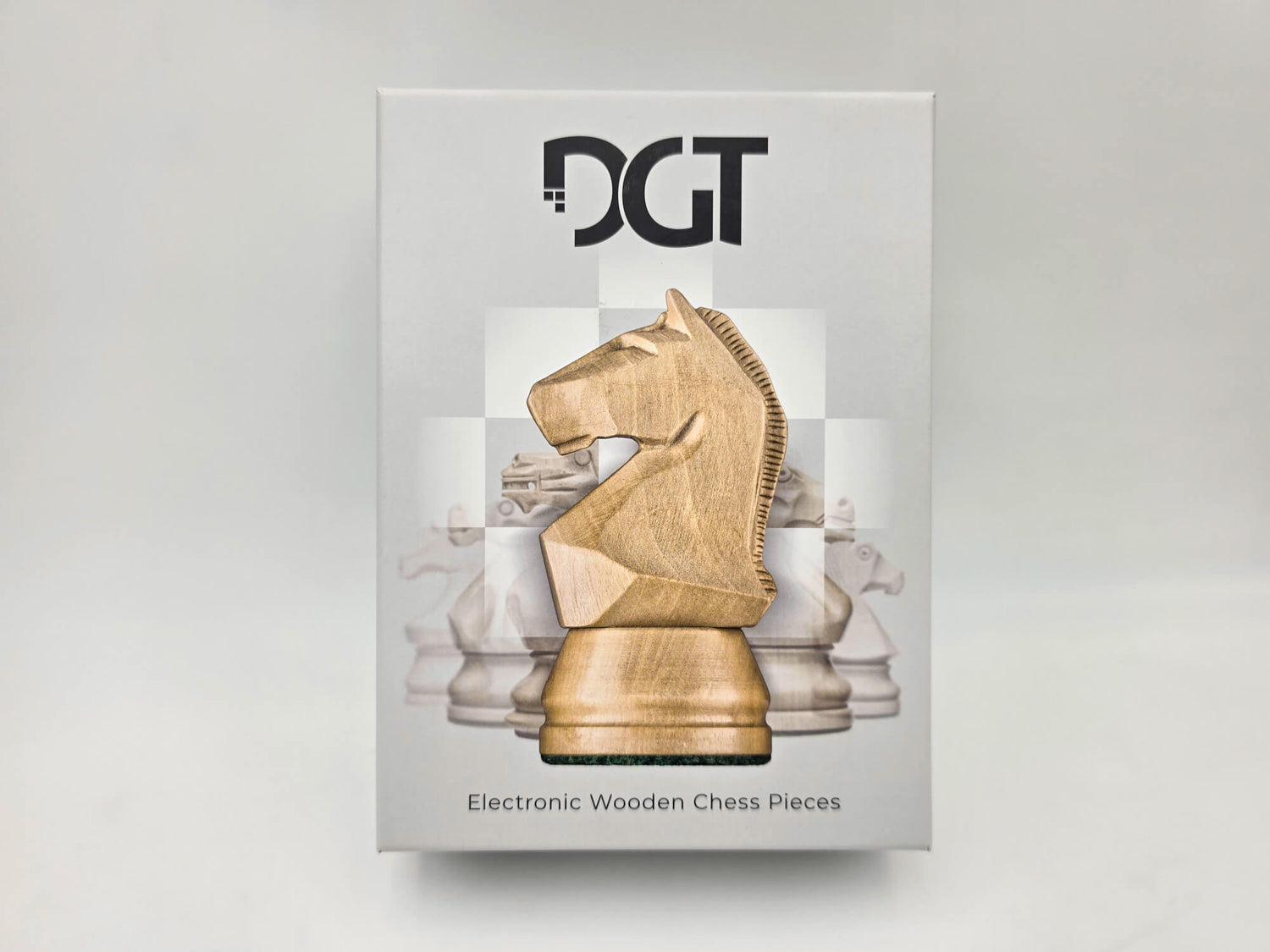 Front view of the official retail packaging box for DGT electronic chess pieces.