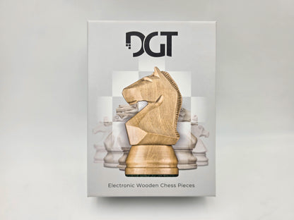 Front view of the official retail packaging box for DGT electronic chess pieces.