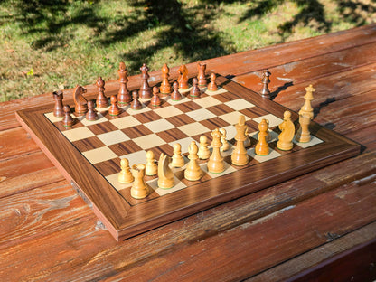 High-angle diagonal shot of the DGT Timeless electronic chess pieces set up on a DGT wooden e-board outdoors in sunlight with a nature background.