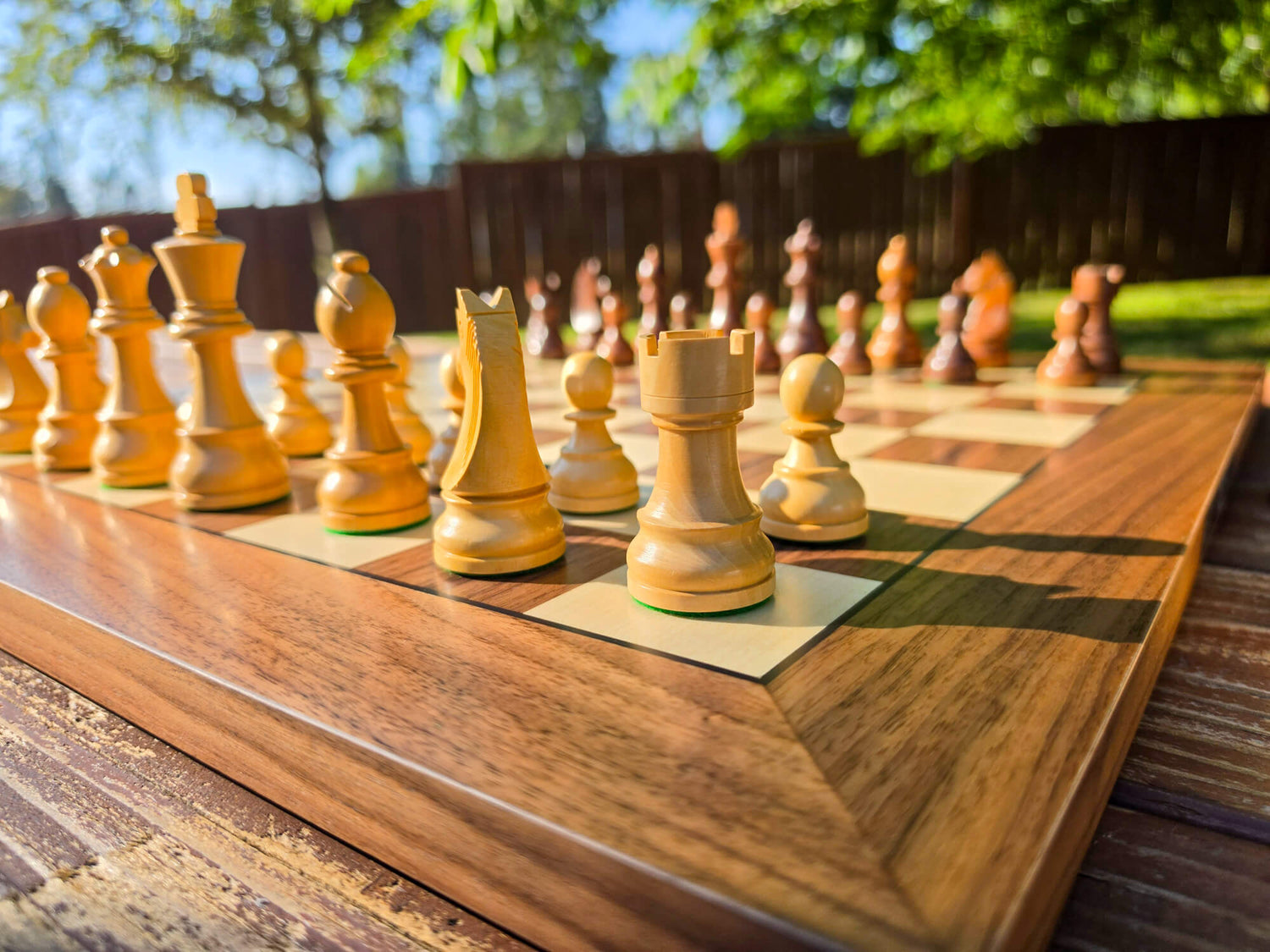Low-angle perspective looking across the white pieces of the DGT Timeless electronic chess set on a wooden board with a nature background.