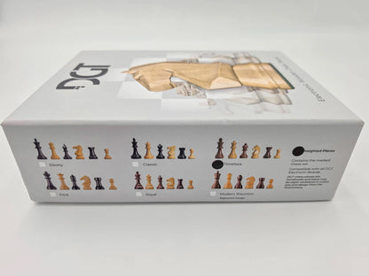 Side angle view of the white DGT retail box for weighted electronic chess pieces.
