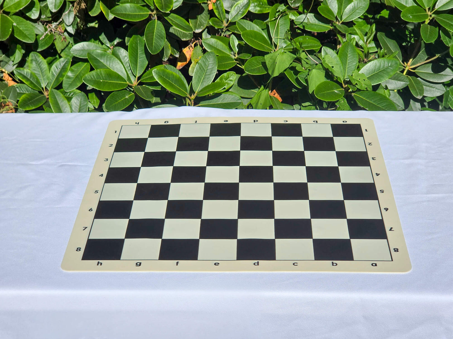 Top-down view of a double-sided silicone chess board laying flat on its black and white side outdoors with a garden backdrop.