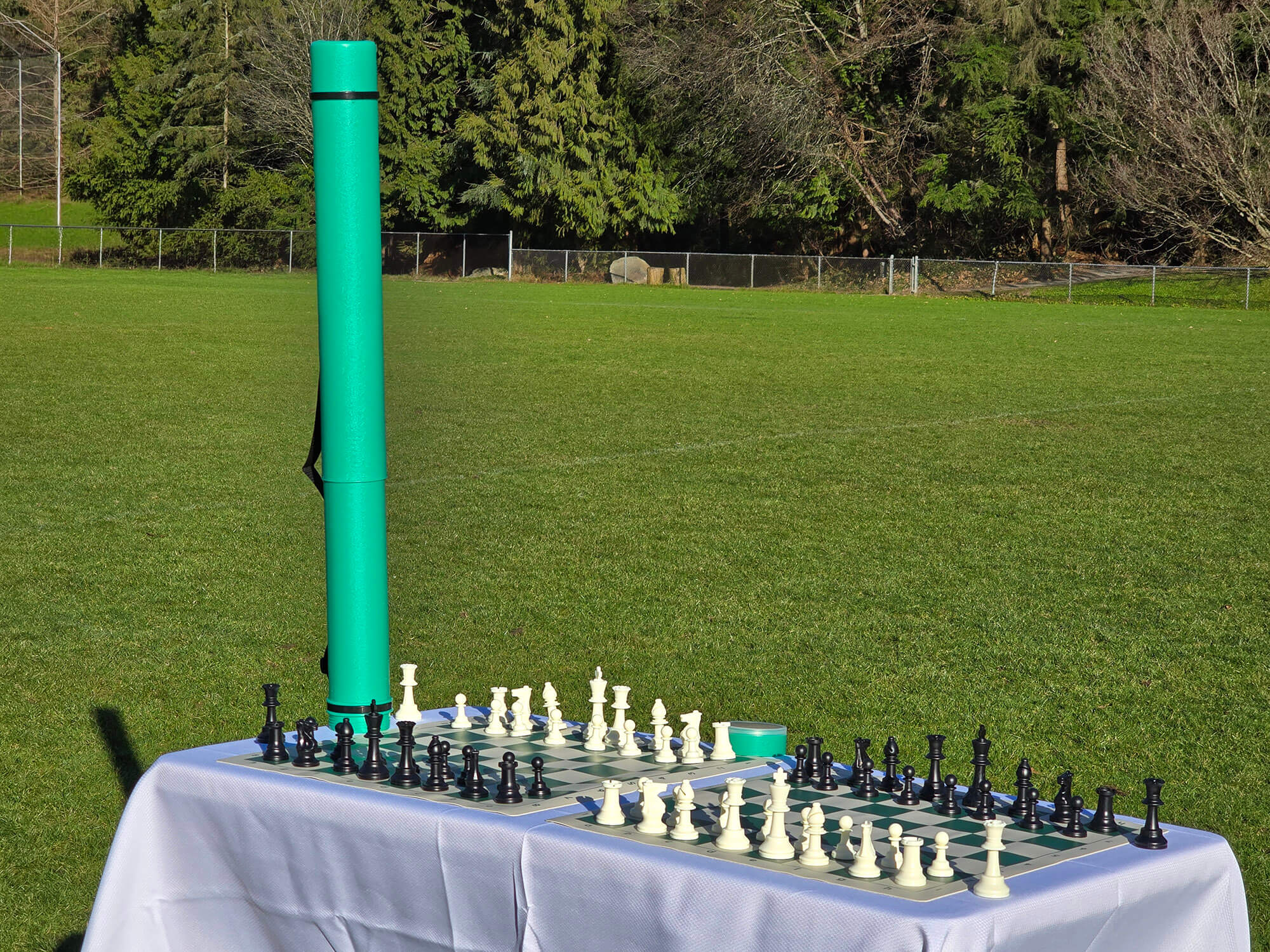 An extended green Sentry chess tube standing upright next to two full Staunton chess sets.