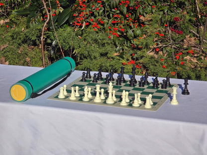 Green Sentry telescopic chess carrying tube with a vinyl chess board and pieces for tournament play.