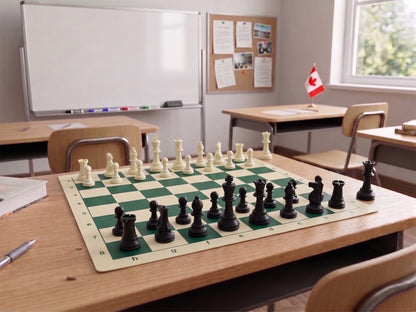 Green and white vinyl roll-up chess board with black and white Staunton pieces set up in a bright classroom.