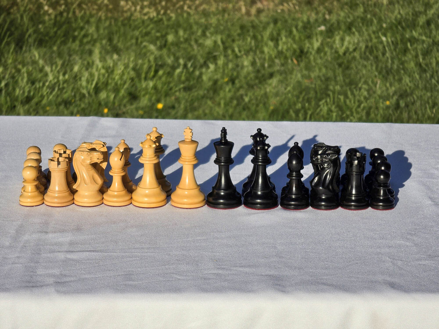 Complete set of black and natural wood Judit Polgar chess pieces lined up outdoors on a white tablecloth.