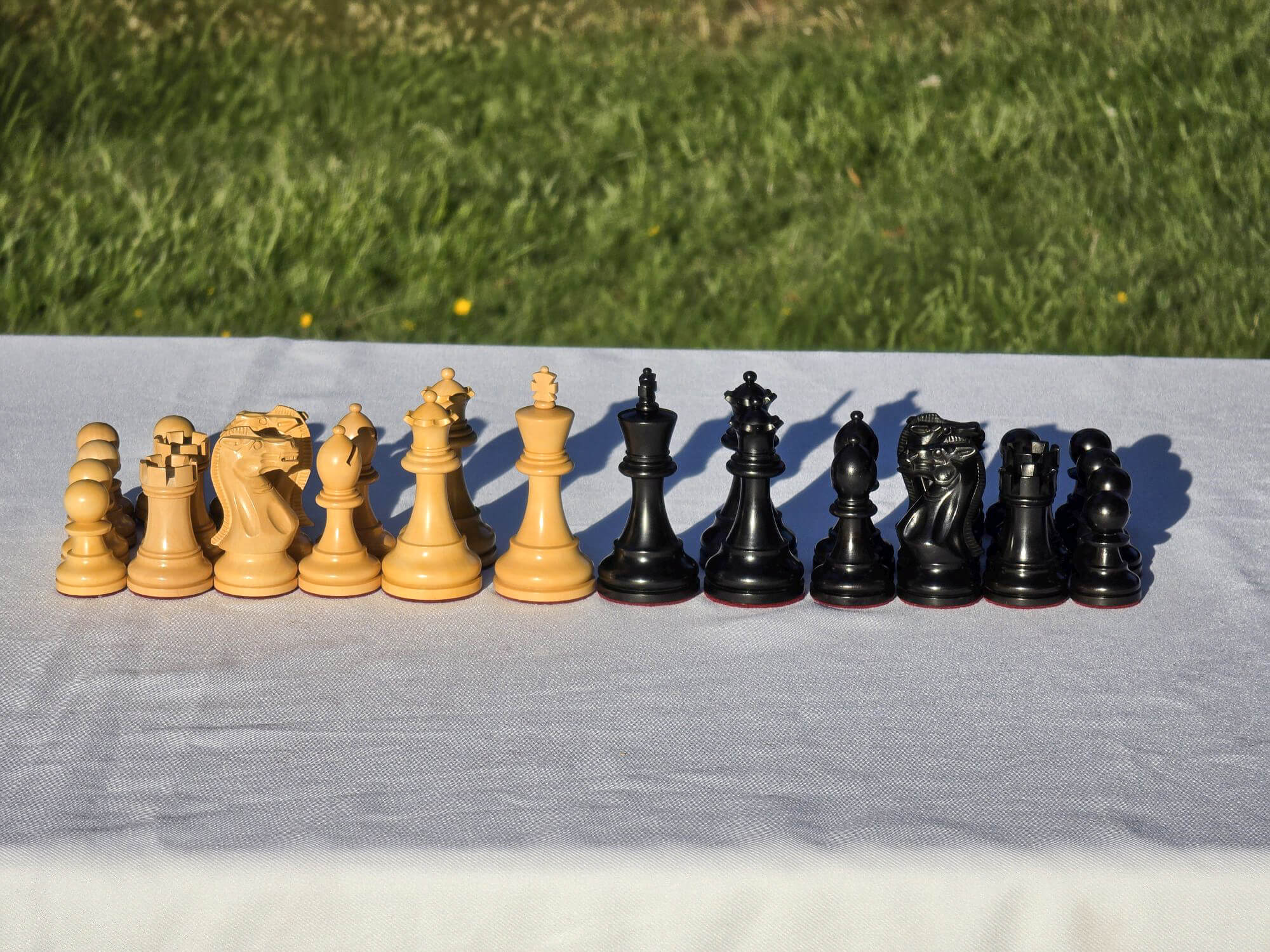 Complete set of black and natural wood Judit Polgar chess pieces lined up outdoors on a white tablecloth.
