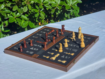 Marquis Magnetic Walnut Chess Set open case with some pieces nested in the EVA foam storage tray and others standing up.