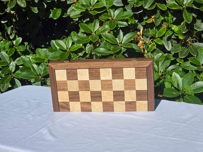 Marquis Magnetic Walnut Chess Set folding case standing closed, showing the walnut and maple checkerboard exterior.