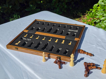 Marquis Magnetic Walnut Chess Set EVA foam storage tray with some pieces removed for play