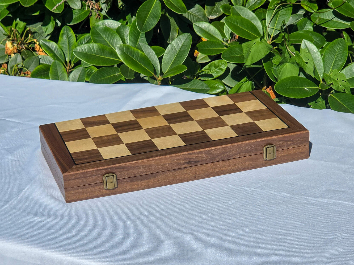 Marquis Magnetic Walnut Chess Set folding case closed, displaying the walnut and maple checkerboard lid