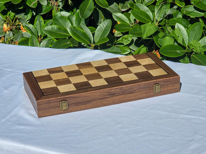 Marquis Magnetic Walnut Chess Set folding case closed, displaying the walnut and maple checkerboard lid