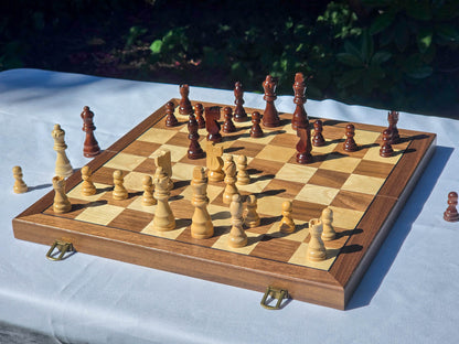 Side angle view of the Marquis Magnetic Wooden Chess Set showing the walnut and maple playing surface