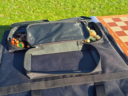 Interior view of the Monarch chess bag highlighting the secure, padded compartment specifically designed for tournament clocks.