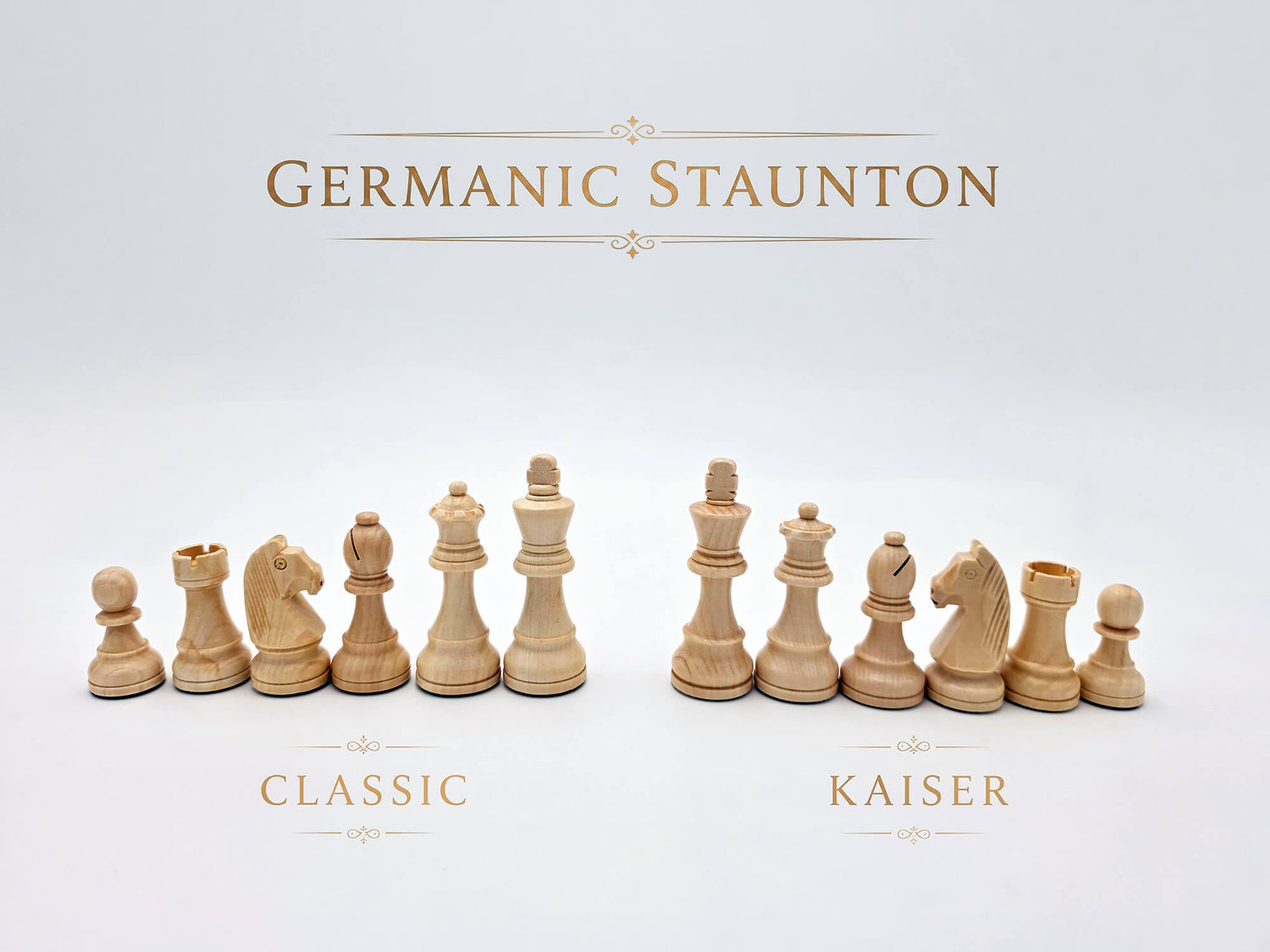 Comparison side-by-side of the Monarch Chess Set Germanic Staunton in Classic and Kaiser styles.