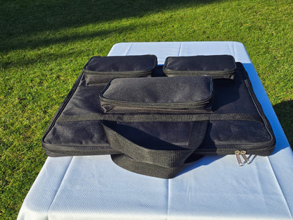 A fully zipped Monarch padded chess bag, showing its sleek, portable design for tournament travel.