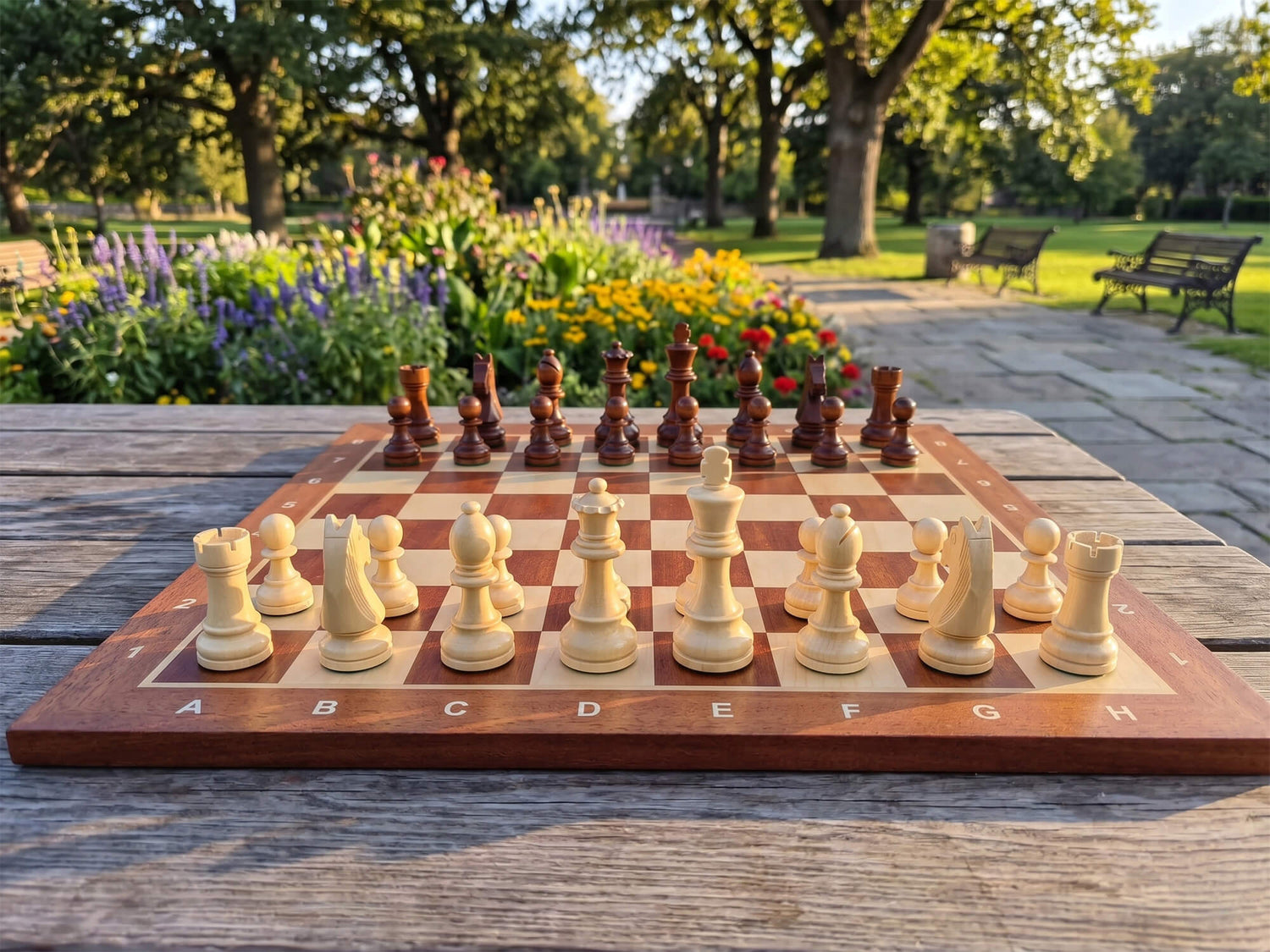 A full view of the Monarch wooden chess set with all pieces arranged on the board, set up on a park bench under warm natural sunlight, with greenery in the background.