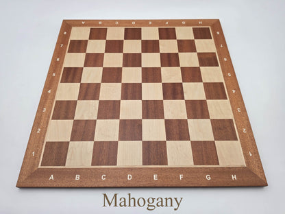 Top-down view of the stunning Monarch Series mahogany and maple chess board, featuring high-contrast 57mm squares and clear algebraic notation.