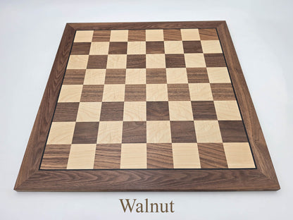 Top-down view of the stunning Monarch Series walnut and maple chess board, featuring high-contrast 57mm squares and clear algebraic notation.