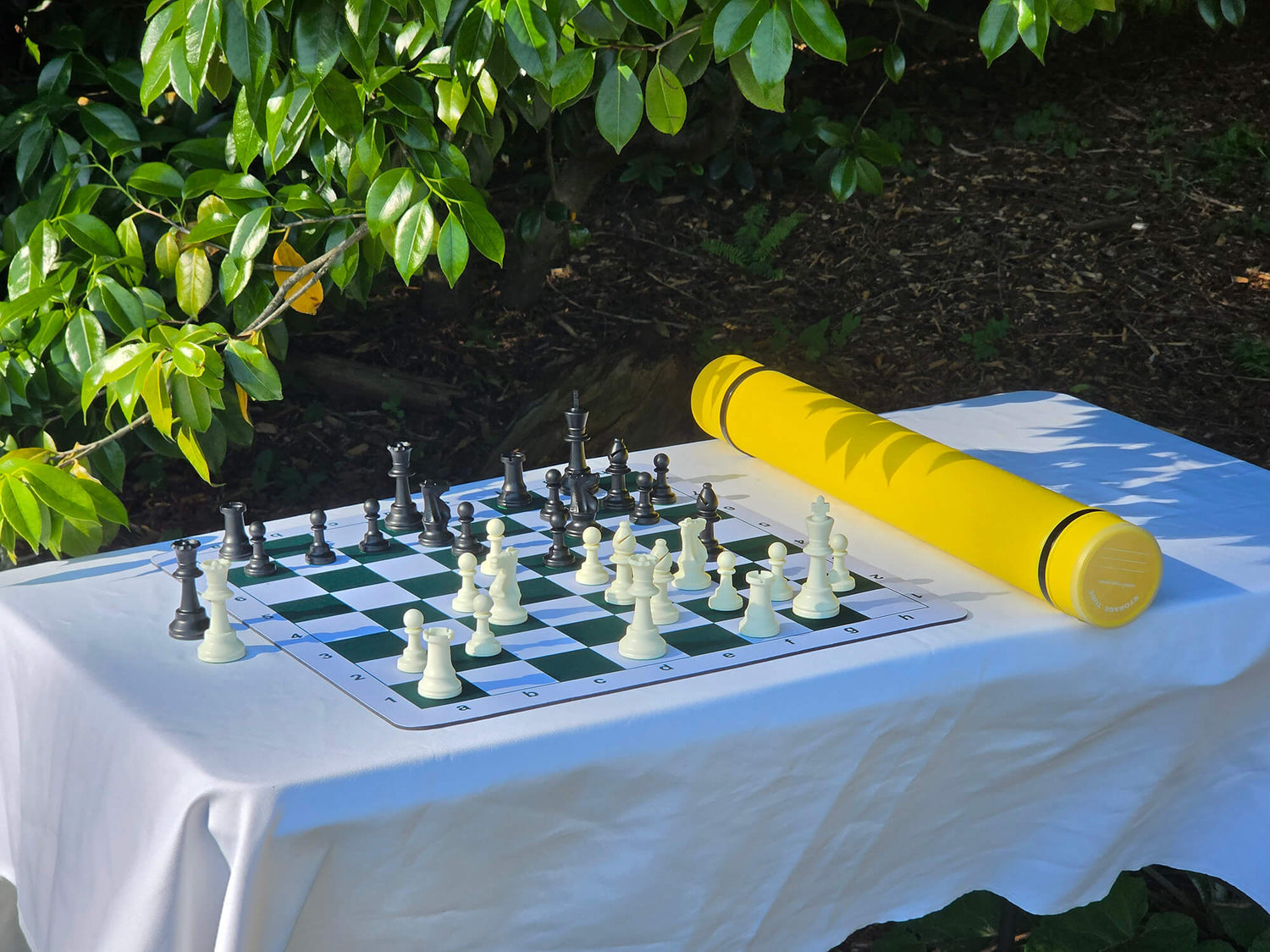 Angled view of a tournament chess set on a mousepad board next to a bright yellow Sentry carrying tube.