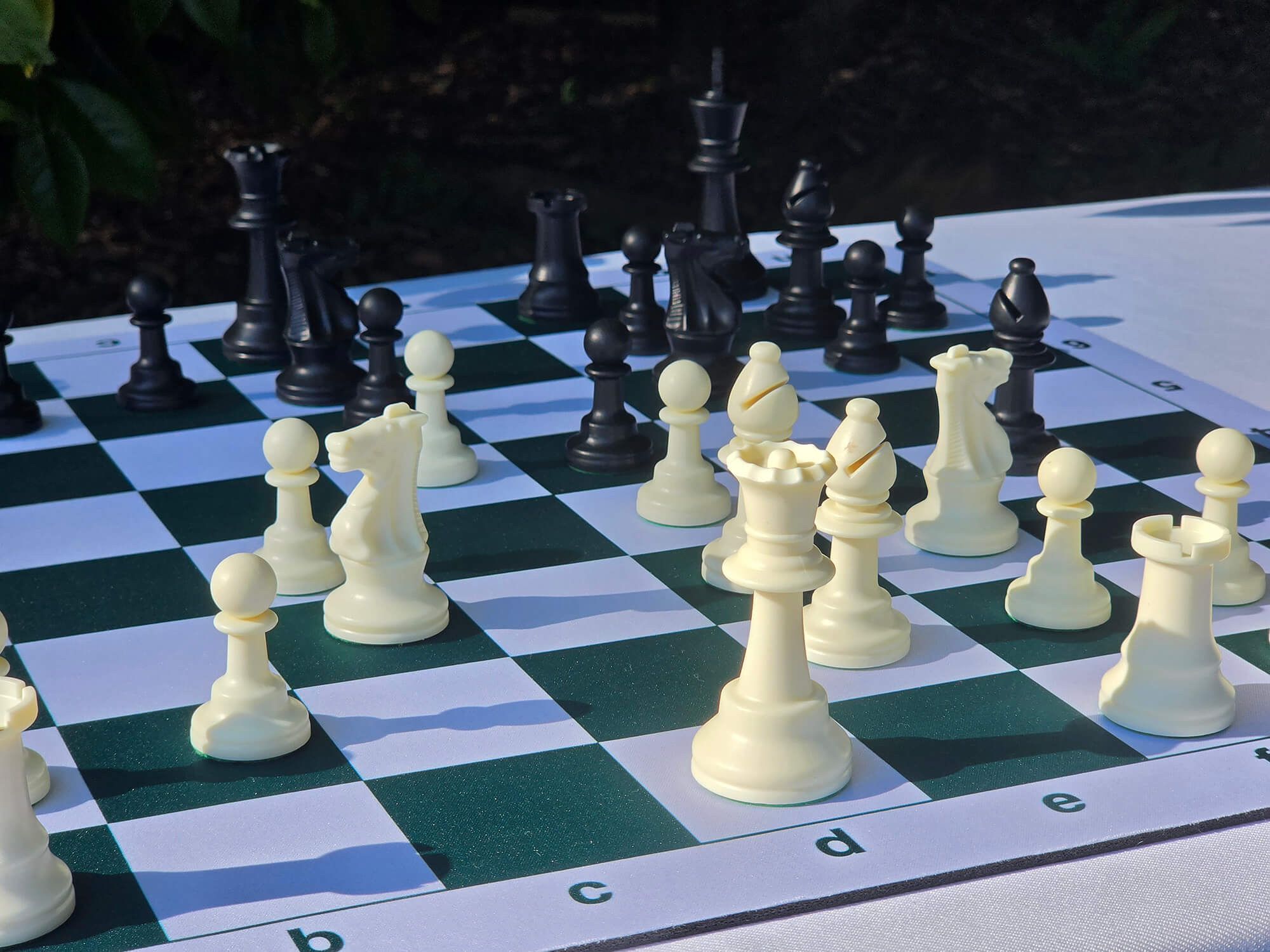 Shallow depth of field shot focusing on a white plastic queen piece on the d1 square of a green and white mousepad chess board.