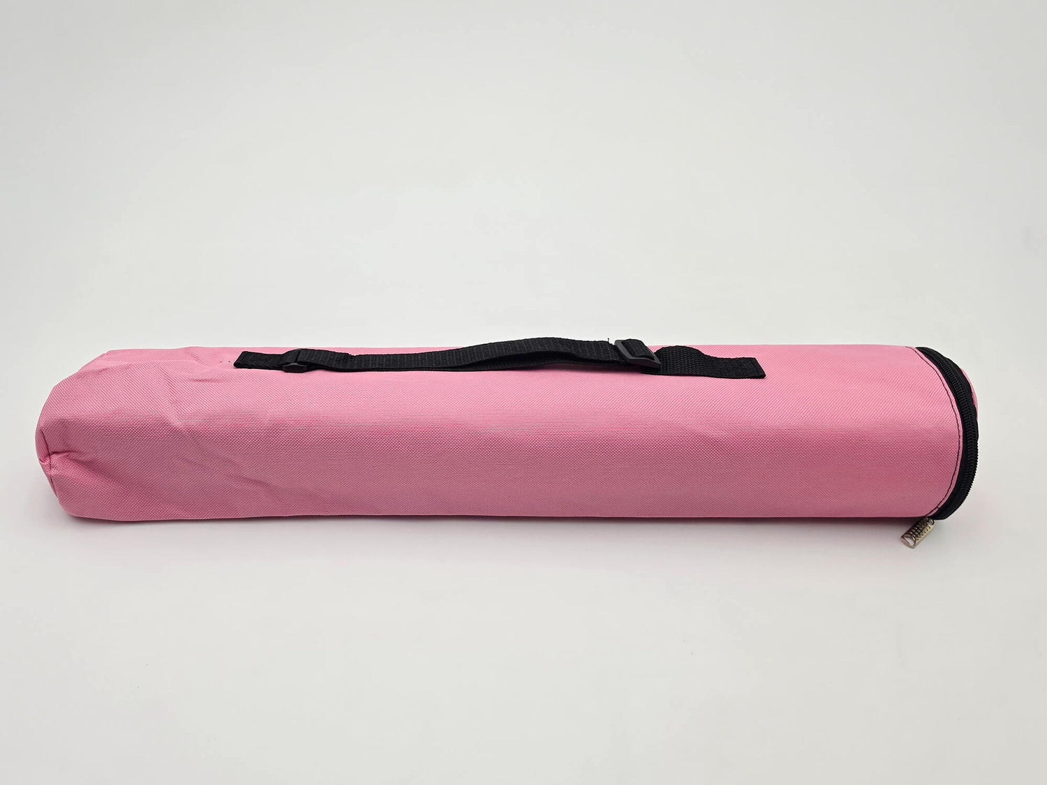 Pink quiver-style chess bag with an adjustable black shoulder strap and zippered end opening for rolled chess boards and pieces.