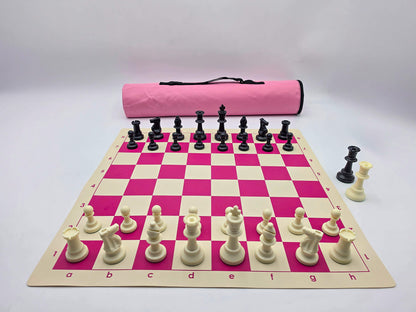 Pink quiver chess set with black and white Staunton pieces set up on a pink and white vinyl board in front of a matching pink bag.
