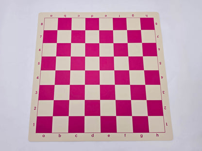 Roll-up pink and cream vinyl chess board with algebraic notation.