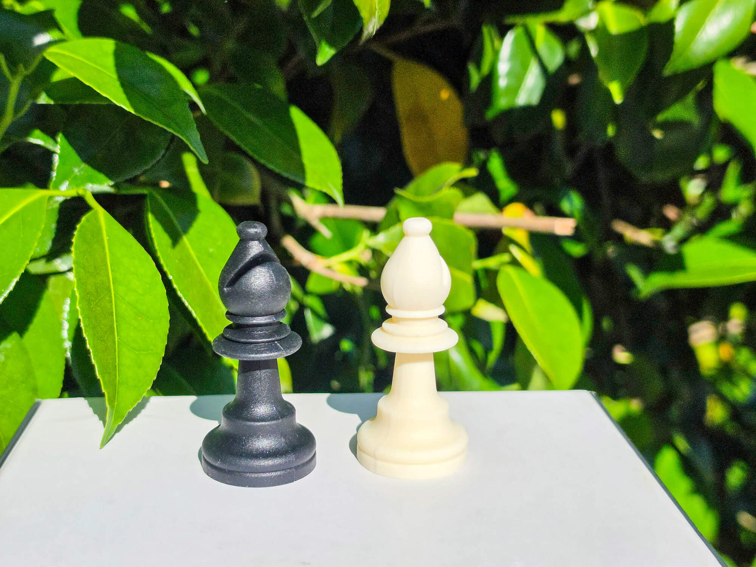 Close-up view of black and white silicone chess bishop pieces with natural outdoor lighting.