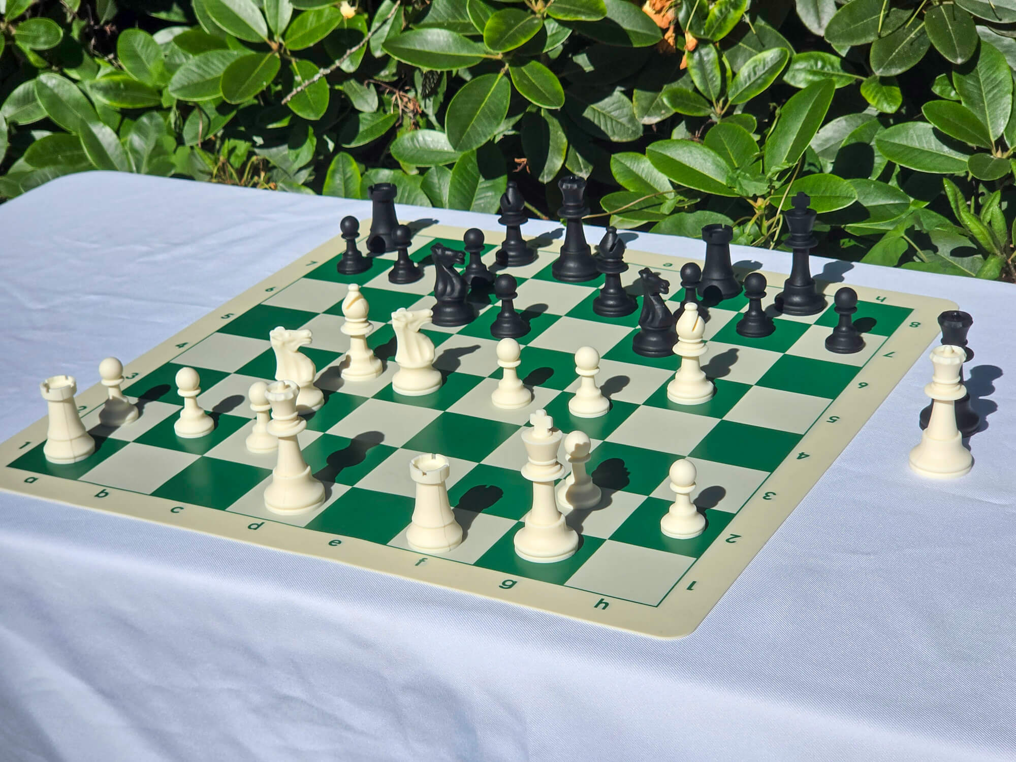 Angled view of black and white silicone chess pieces on the green side of a double-sided board outdoors.