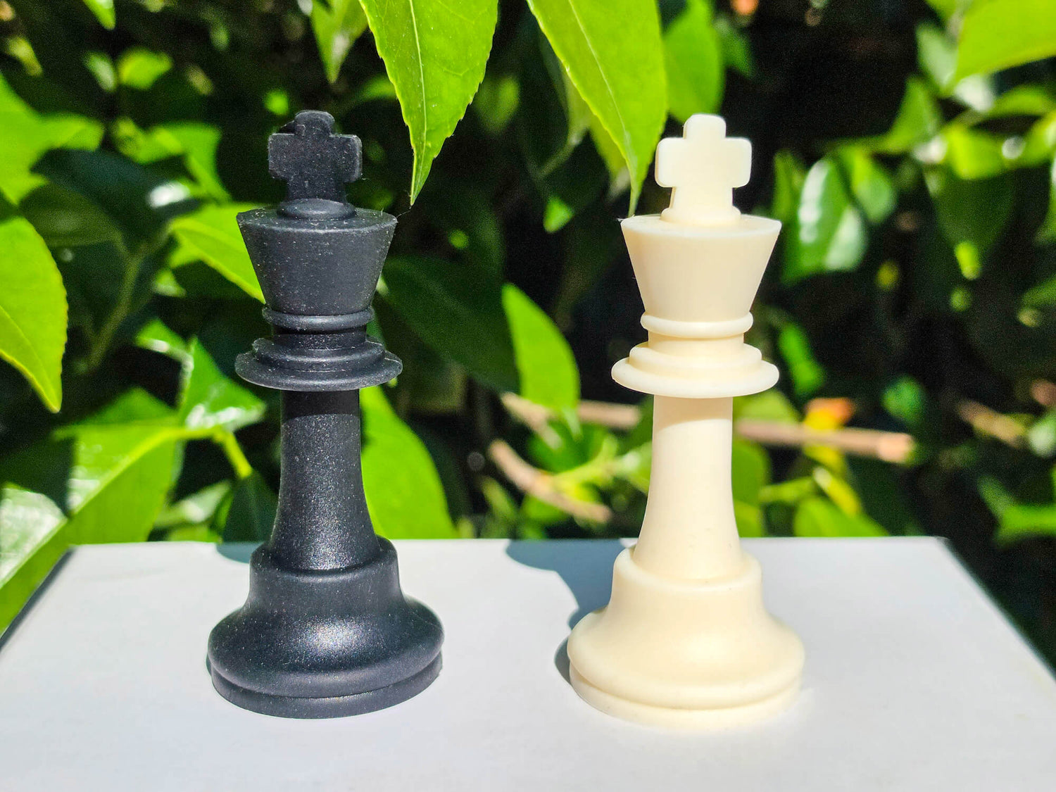 Close-up of black and white silicone chess king pieces with a vibrant nature backdrop.