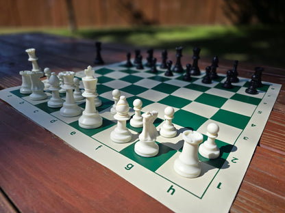 Tournament Chess Set on a Vinyl Chess Board on a Dark Brown Park Bench in Starting Position from White&