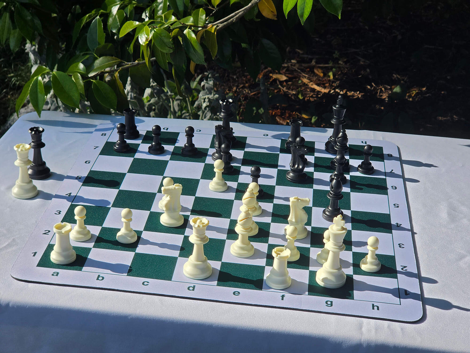 A complete tournament chess set with plastic pieces set up on a green and white mousepad board, captured in bright outdoor sunlight.
