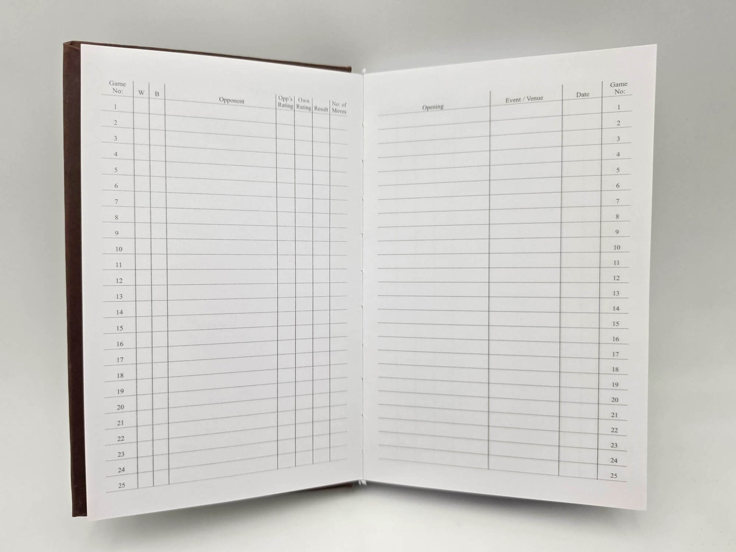 Open USCF chess scorebook index tracking list for games 1 to 25 showing opponent, ratings, and results.