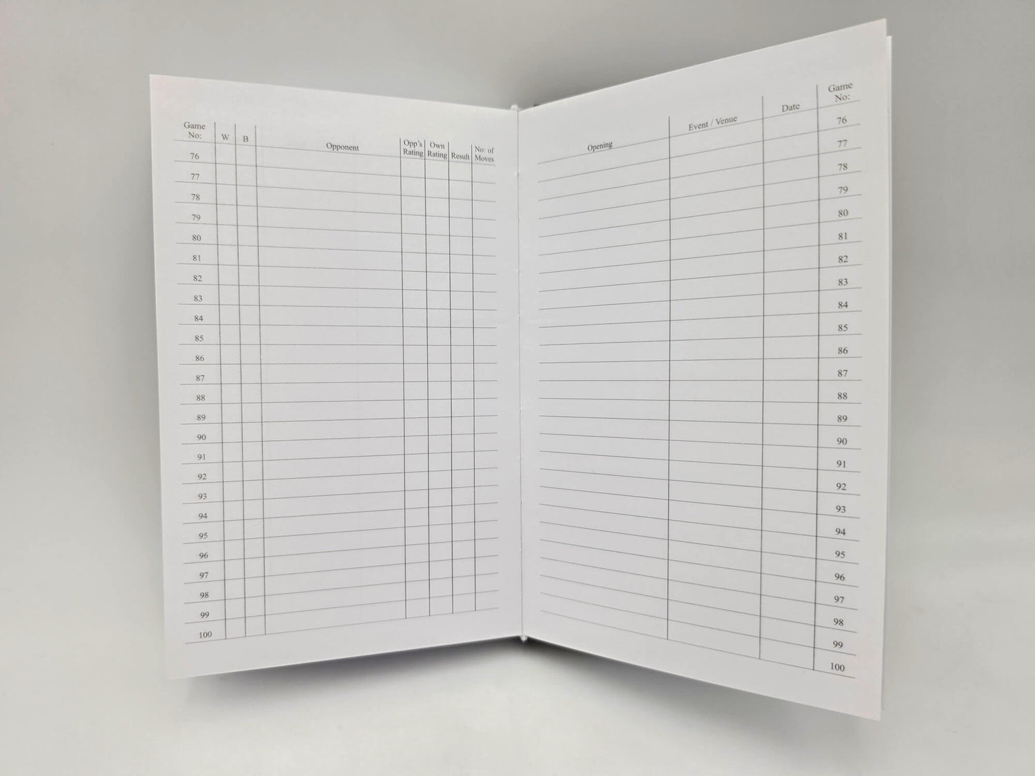 Open USCF chess scorebook index tracking list for games 76 to 100.