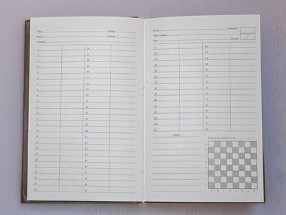 Open USCF chess scorebook page showing move entry lines up to 80 moves, notes section, and printed chessboard diagram.