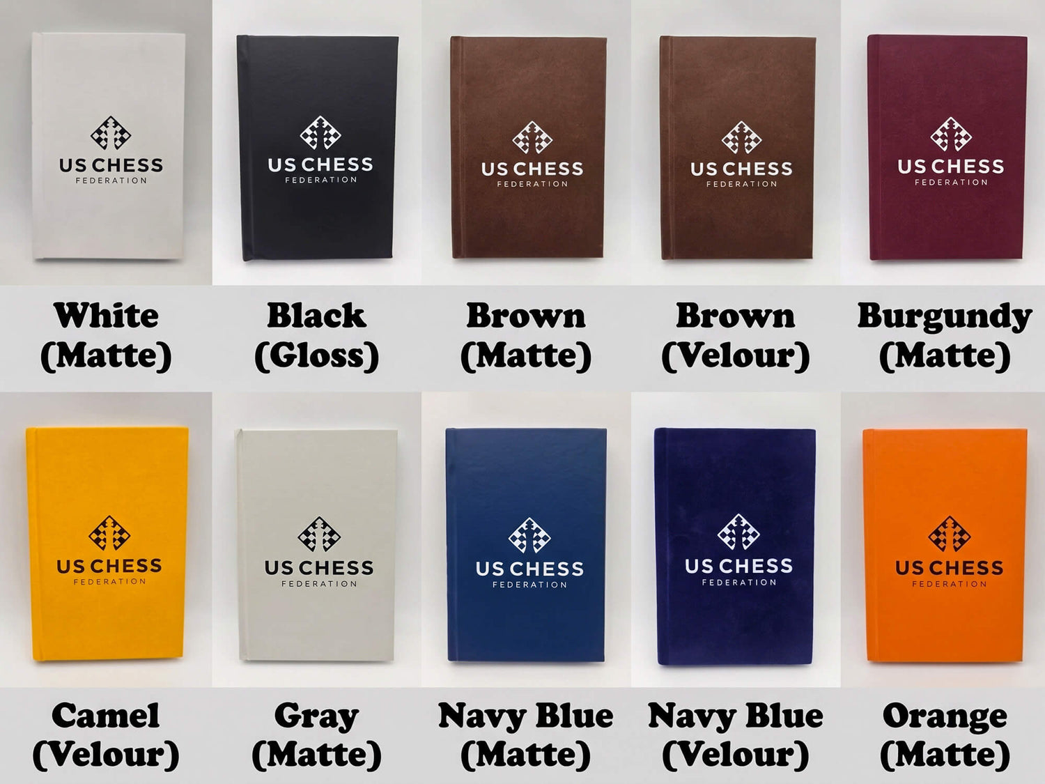 Grid display showing color options and material textures for USCF chess scorebooks including matte, gloss, and velour.