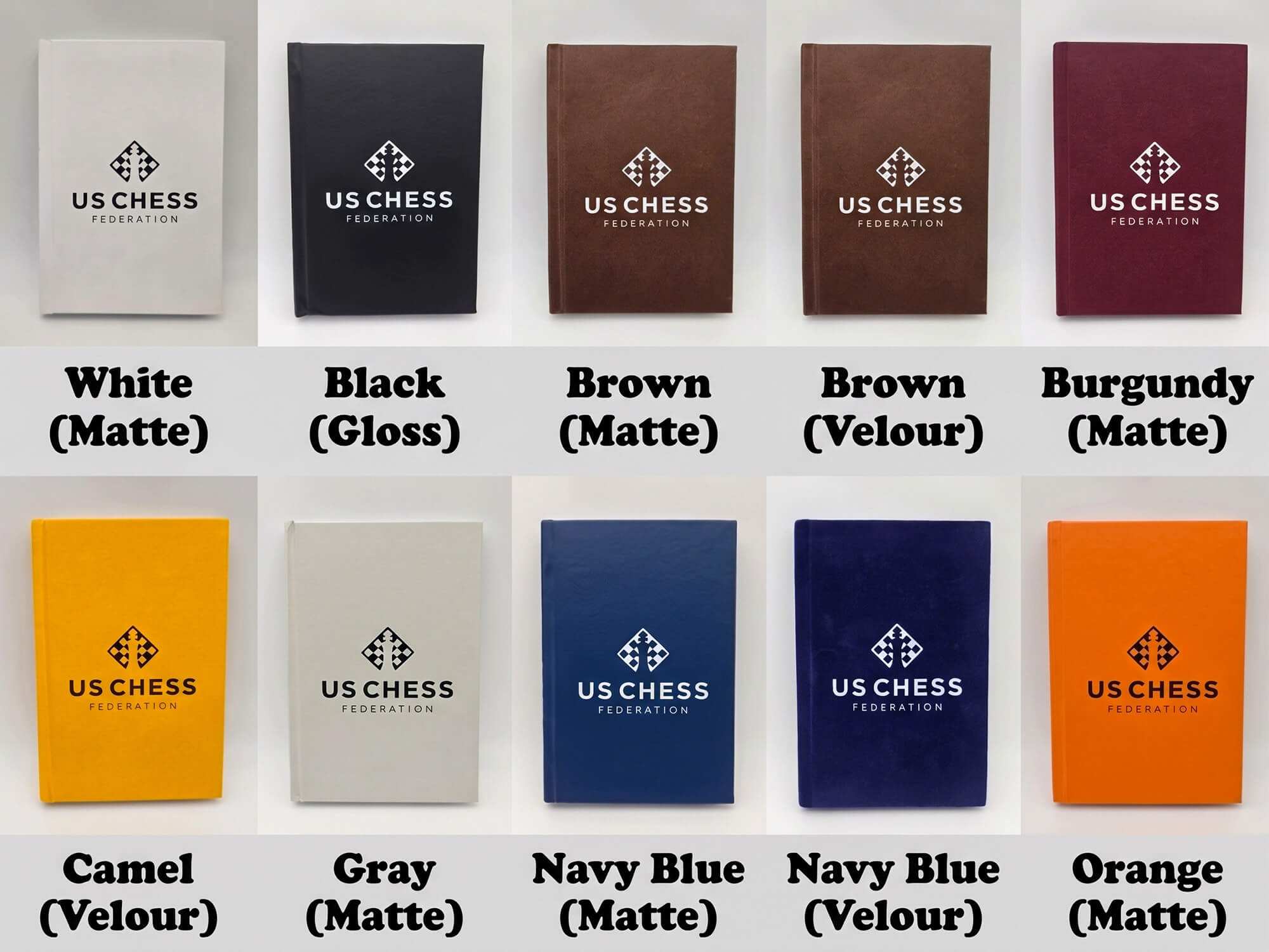 Grid display showing color options and material textures for USCF chess scorebooks including matte, gloss, and velour.
