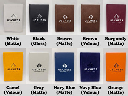 Grid display showing color options and material textures for USCF chess scorebooks including matte, gloss, and velour.