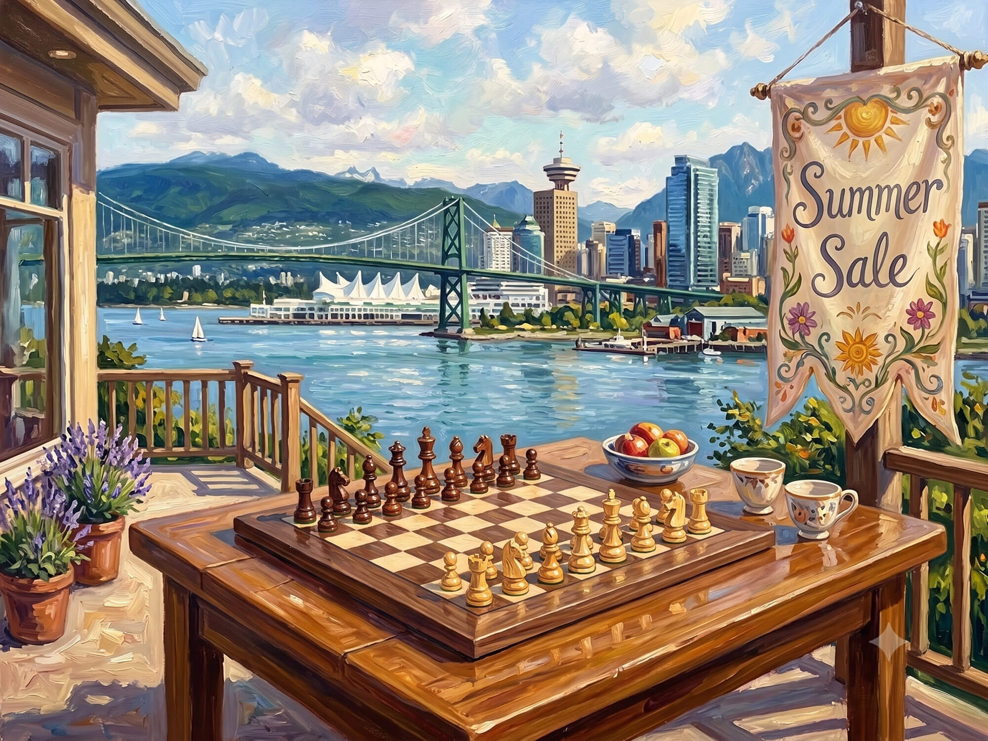 A premium wooden chess set setup on an outdoor patio overlooking the Vancouver skyline, Burrard Inlet, and the Lions Gate Bridge, featuring a banner that reads Summer Sale.