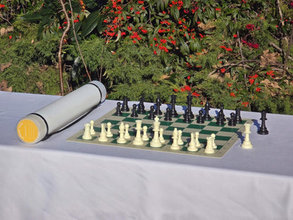 White Sentry telescopic chess tube and complete chess set with vinyl board.