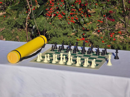 Yellow Sentry telescopic chess tube showing the complete set and extendable plastic carrying case.